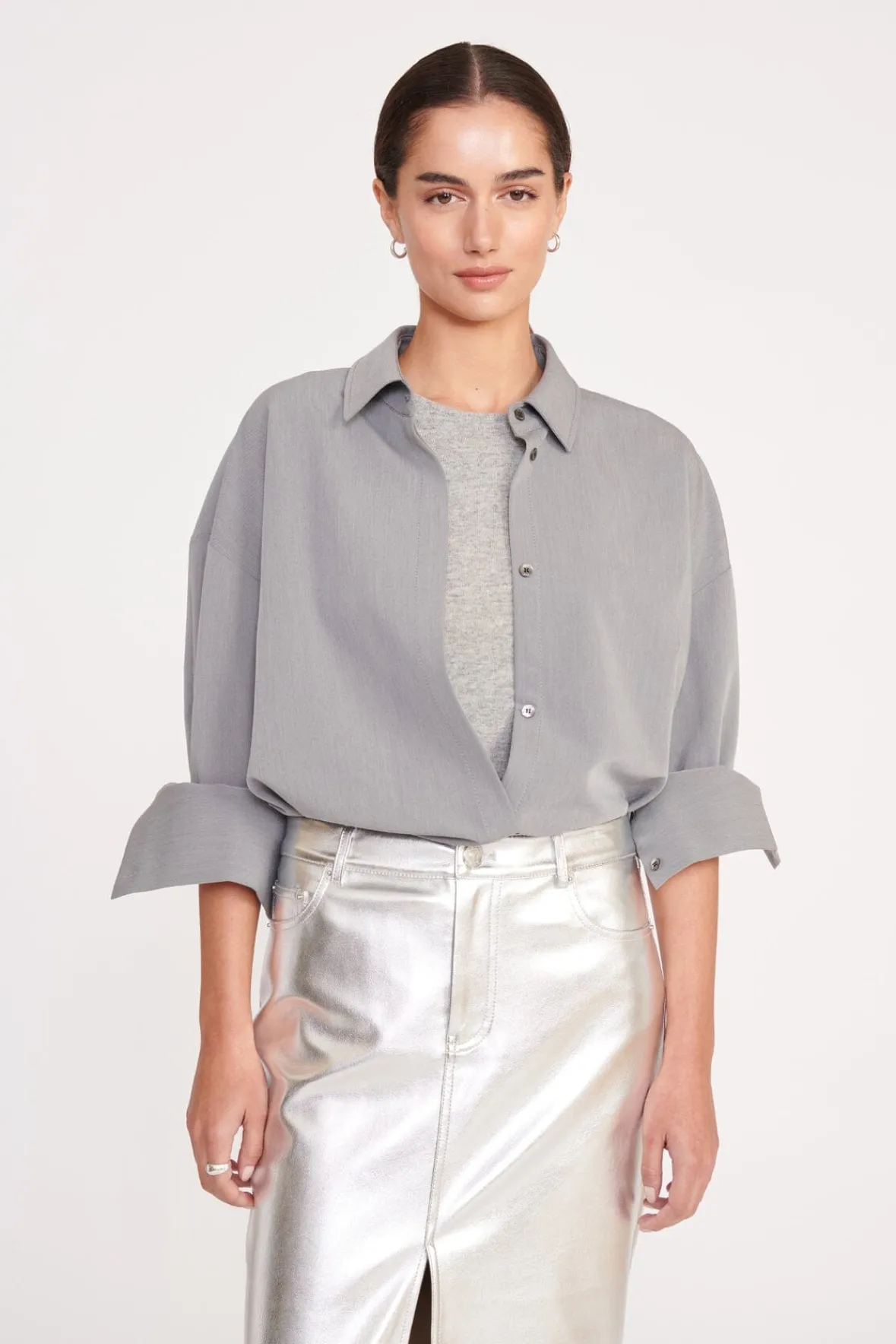 Best Sellers|Tops<STAUD COLTON SHIRT HEATHER GREY SUITING HEATHERGREY