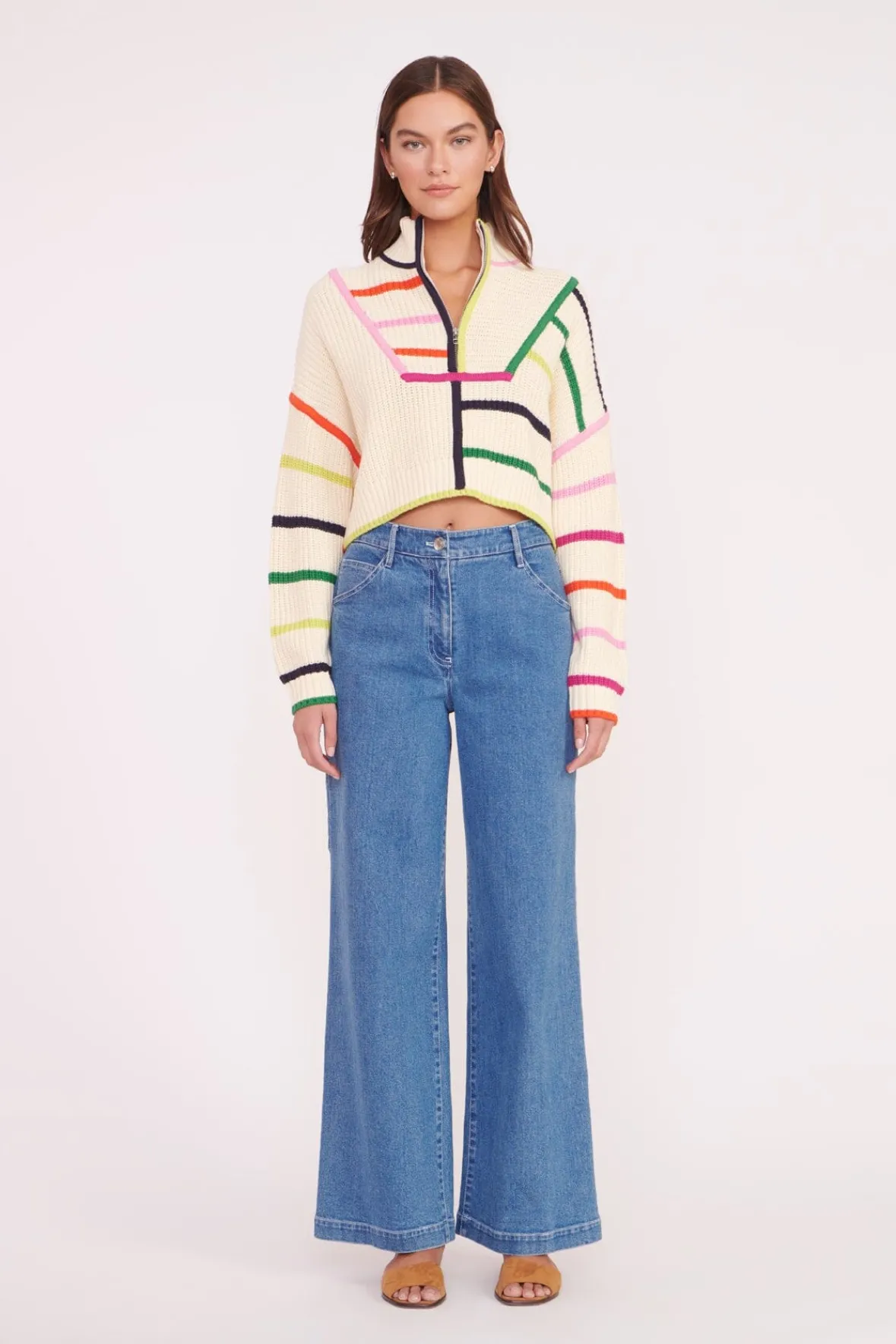 Knits<STAUD CROPPED HAMPTON SWEATER CREAM RAINBOW MULTI CREAMRAINBOWMULTI