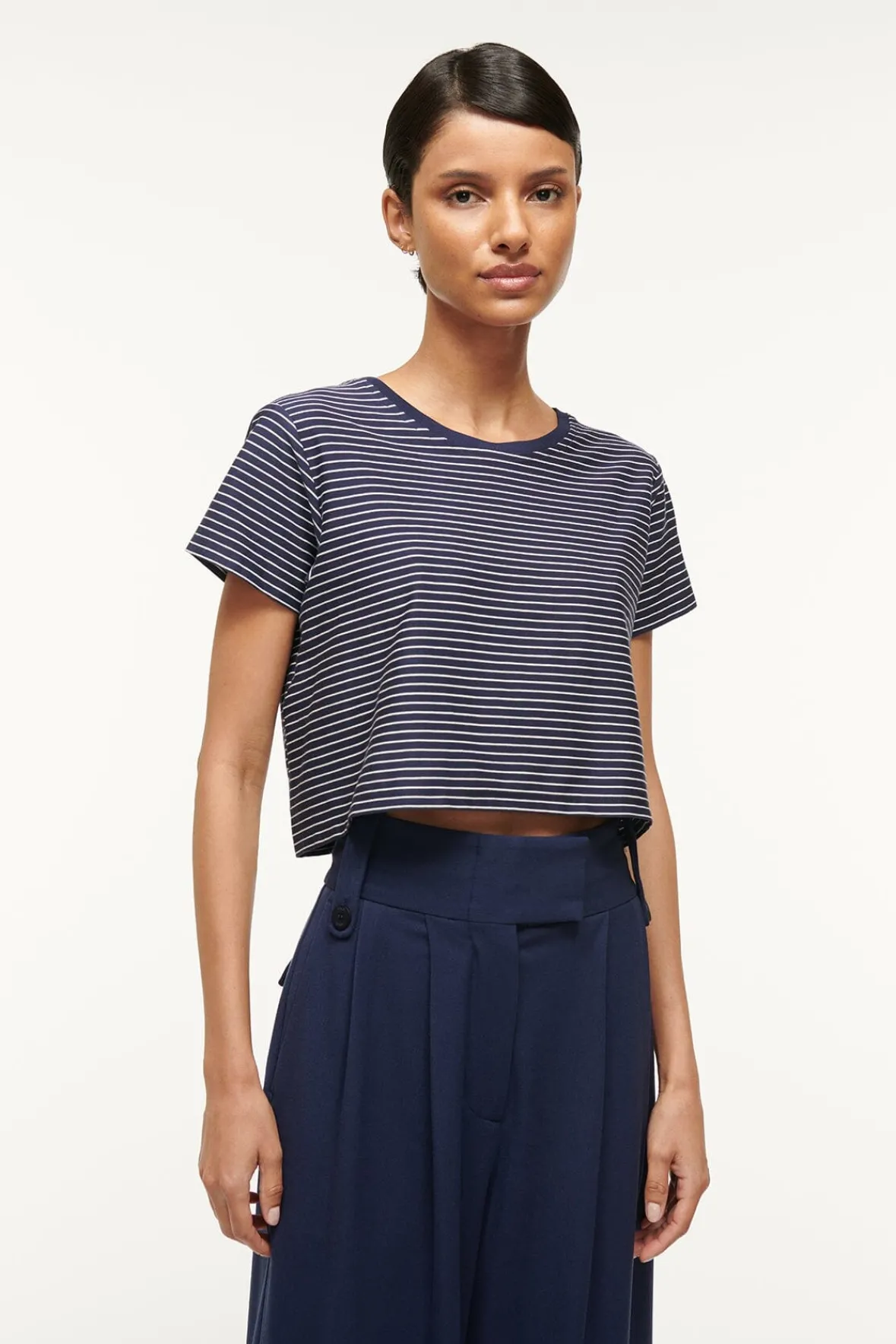 Essentials|Tops<STAUD DEAN T-SHIRT NAVY MICRO STRIPE NAVYMICROSTRIPE