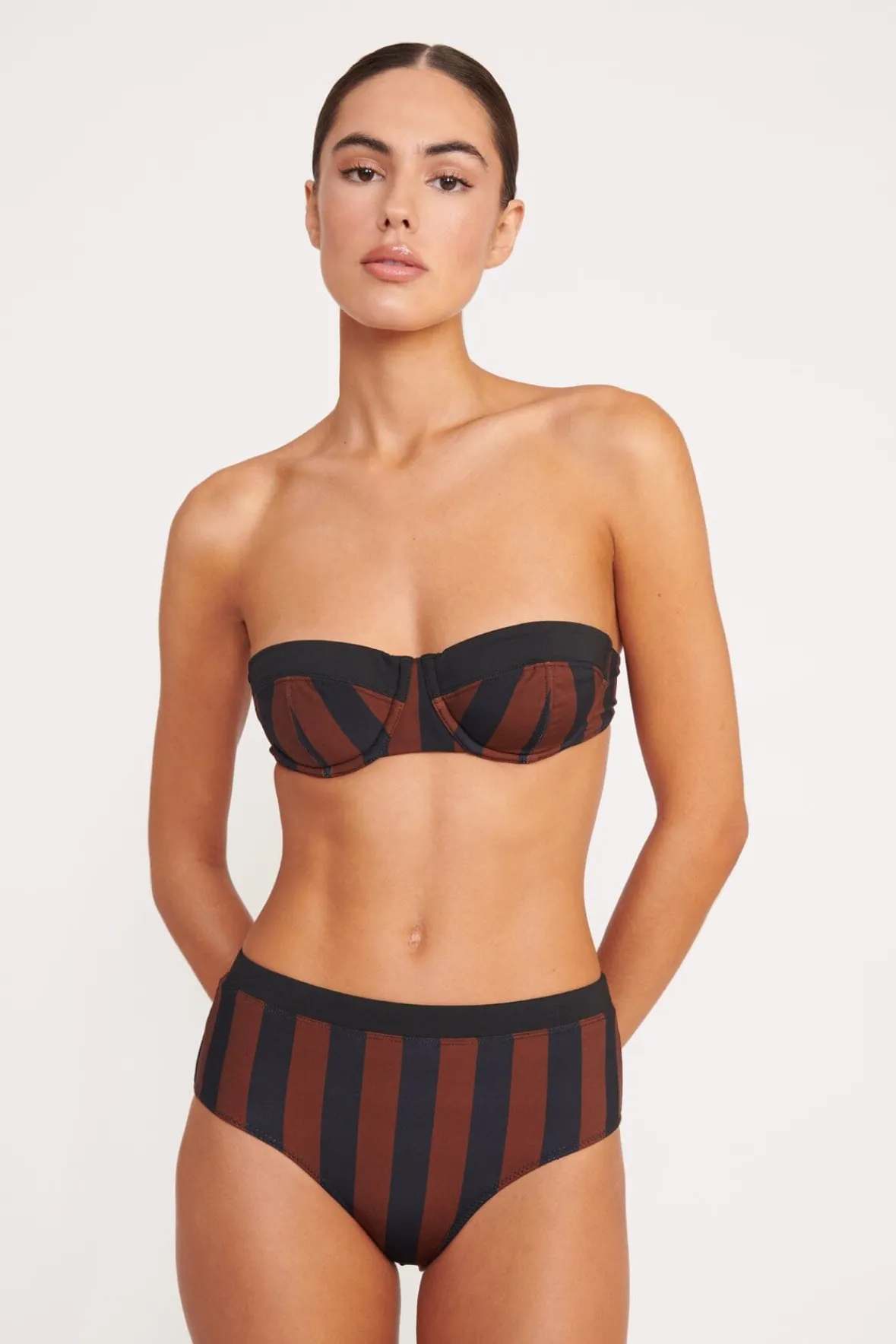 Bikinis<STAUD DEVON HIGH RISE BIKINI BOTTOM BLACK TAN SEASHORE STRIPE BLACKTANSEASHORESTRIPE