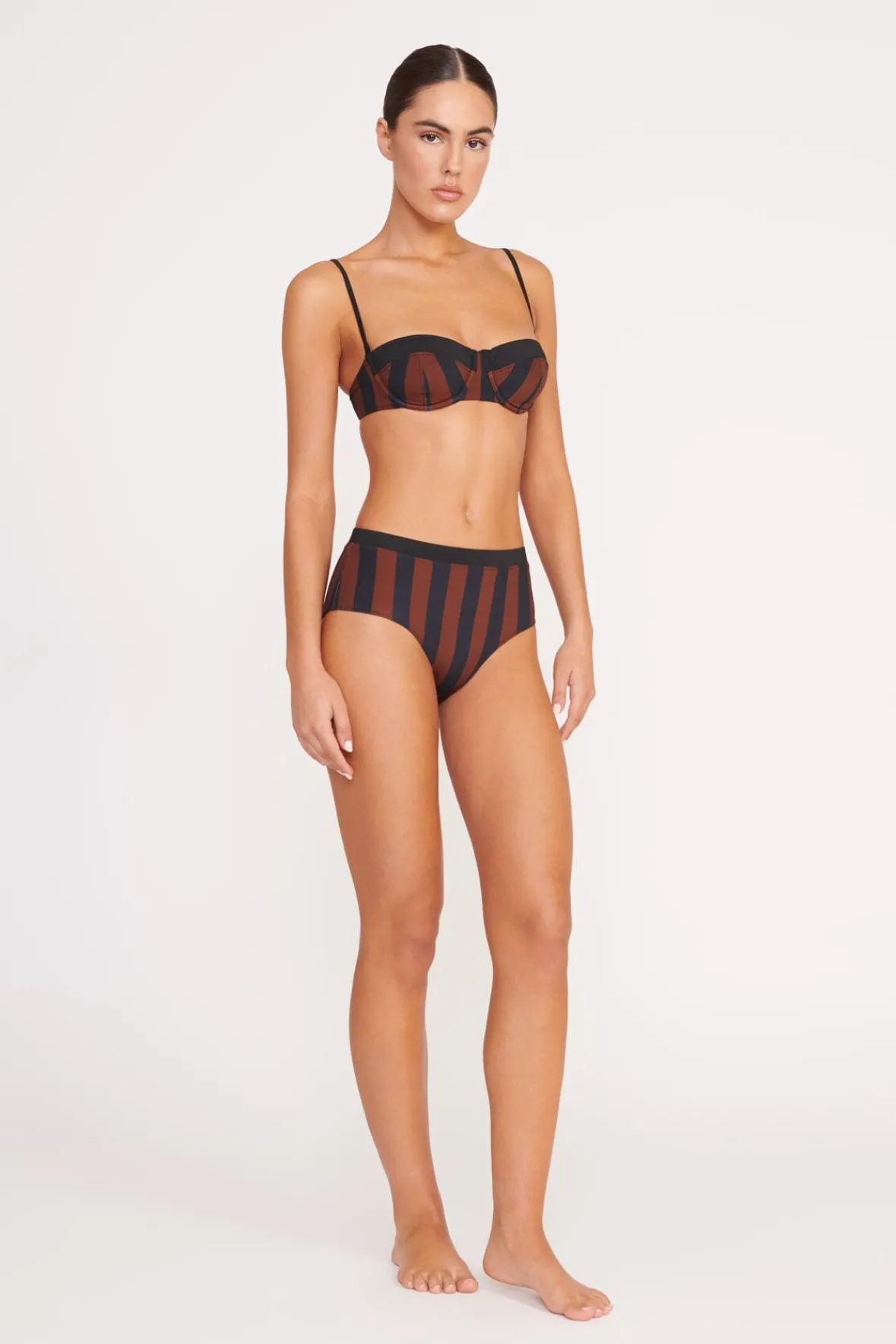 Bikinis<STAUD DEVON HIGH RISE BIKINI BOTTOM BLACK TAN SEASHORE STRIPE BLACKTANSEASHORESTRIPE