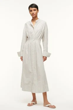 Poplin Shop|Dresses<STAUD MIDI LORENZA DRESS IVORY MICRO STRIPE IVORYMICROSTRIPE