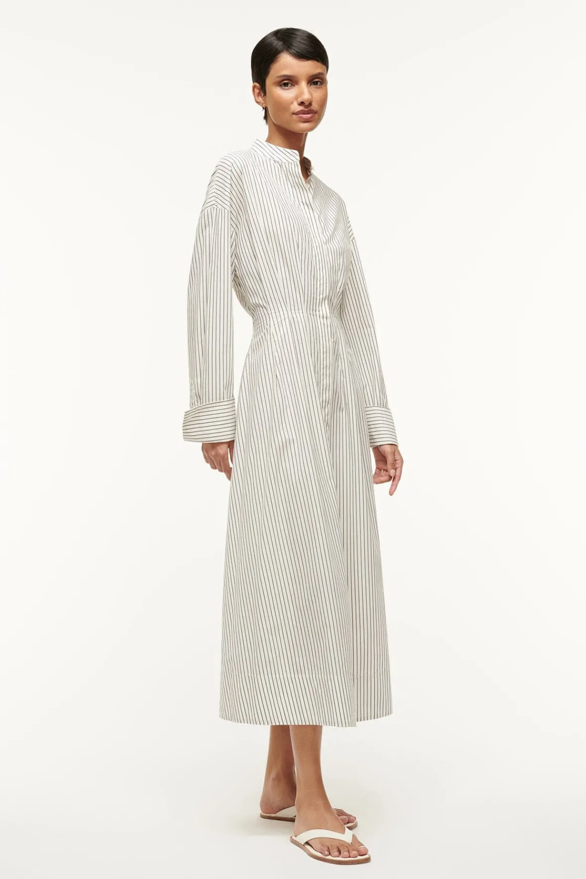 Poplin Shop|Dresses<STAUD MIDI LORENZA DRESS IVORY MICRO STRIPE IVORYMICROSTRIPE