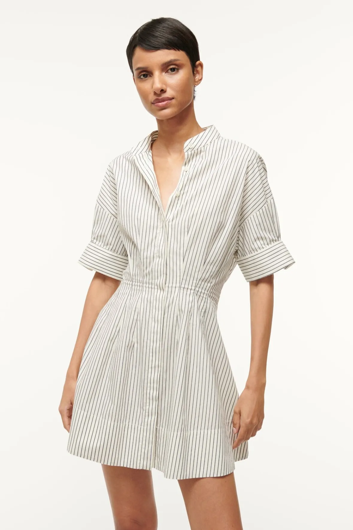 Poplin Shop|Dresses<STAUD MINI LORENZA DRESS IVORY MICRO STRIPE IVORYMICROSTRIPE