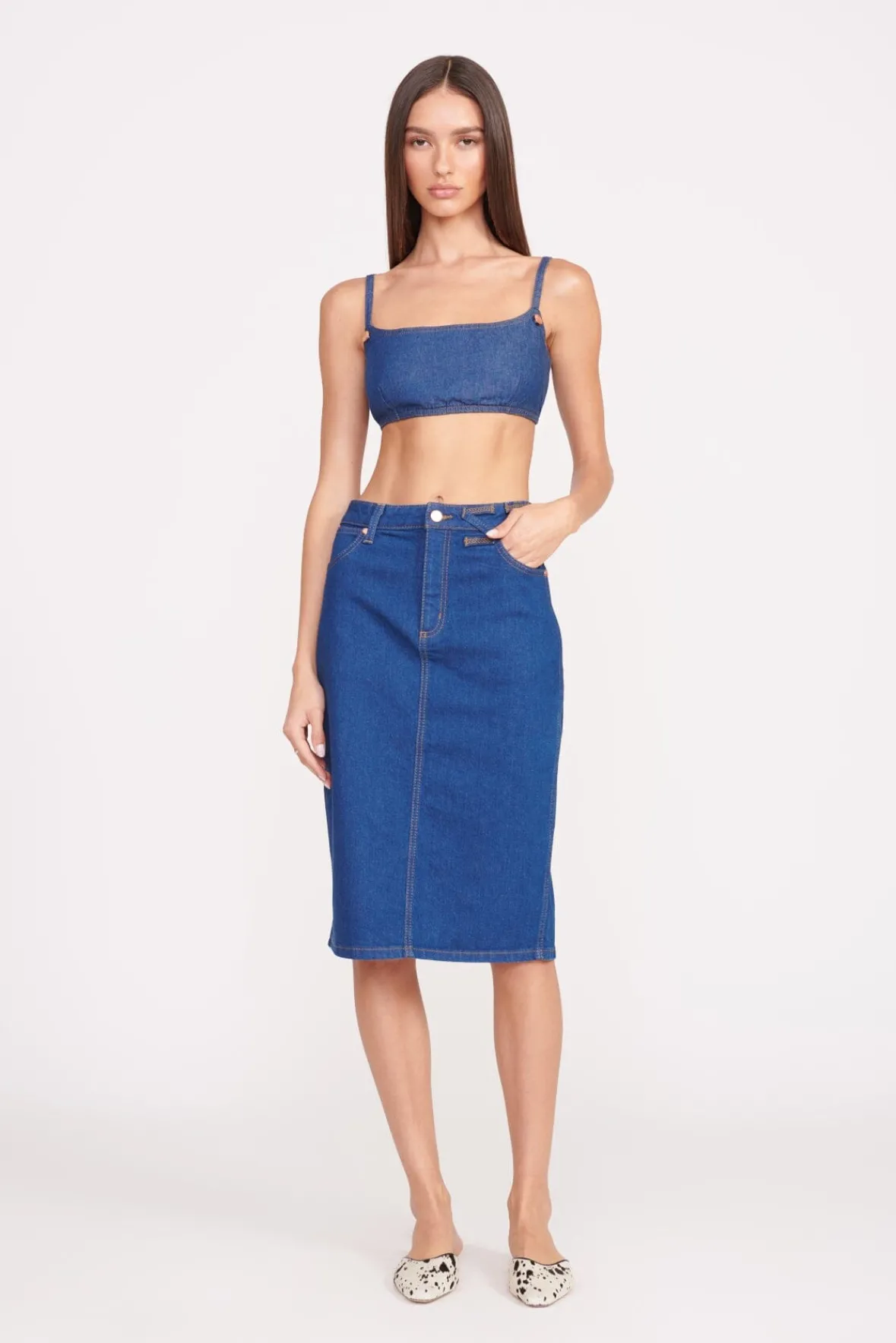 STAUD + Wrangler|Denim<STAUD + WRANGLER THE PENCIL SKIRT DARK RINSE DARKRINSE