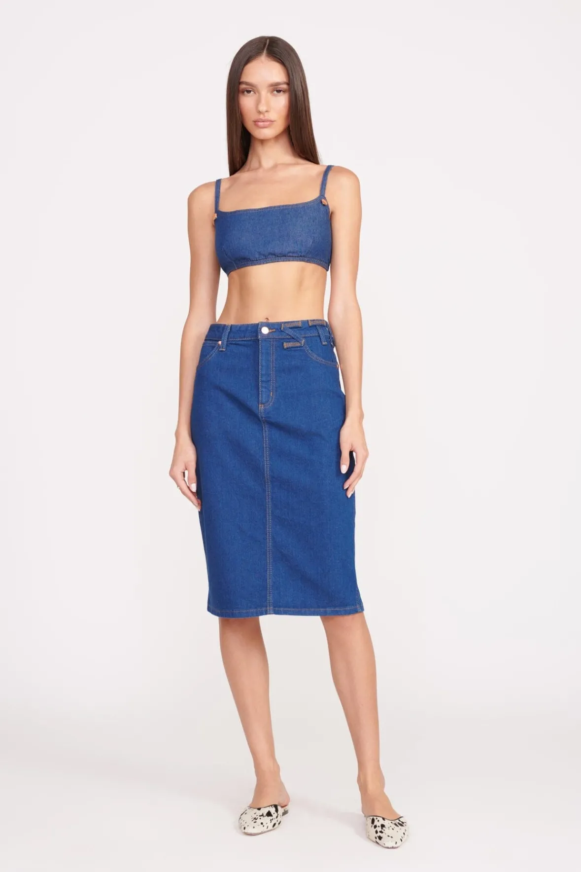 STAUD + Wrangler|Denim<STAUD + WRANGLER THE PENCIL SKIRT DARK RINSE DARKRINSE